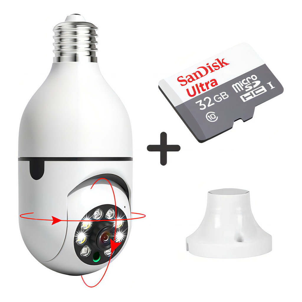 KITs Camera Lampada 360 Wifi Giratoria Sem Fio + cartão De Memória Cor Branco