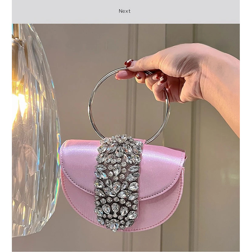 Bolsas de Mão Femininas de Cetim com Cristais Brilhantes, Clutch de Luxo com Diamantes Rosa para Noite, Festa de Casamen
