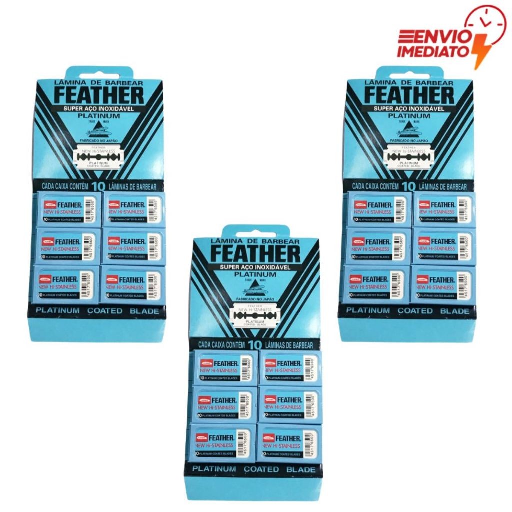 3 Cartelas Lâmina Para Barbear Feather Platinum Aço Inoxidável Com 60un Cada