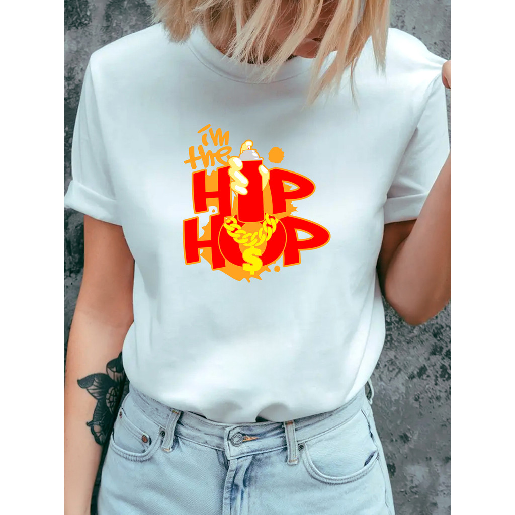Bonito Camiseta Feminina Com Estampa De Grafite Hip Hop, Camiseta Casual De Algodão Para Academia E Estilo De Rua