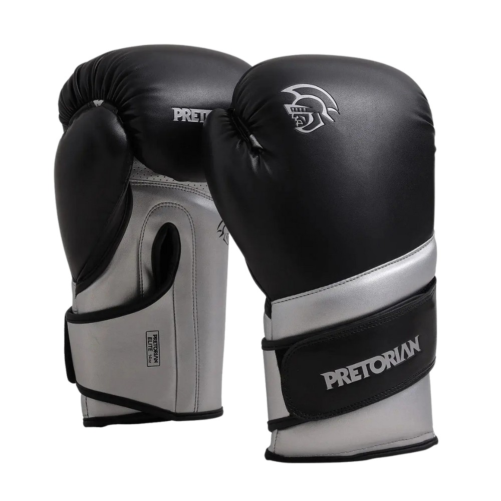 Kit Luva De Boxe Muay Thai Elite + Bandagem, Pretorian, Preto/ Prata, 12 OZ
