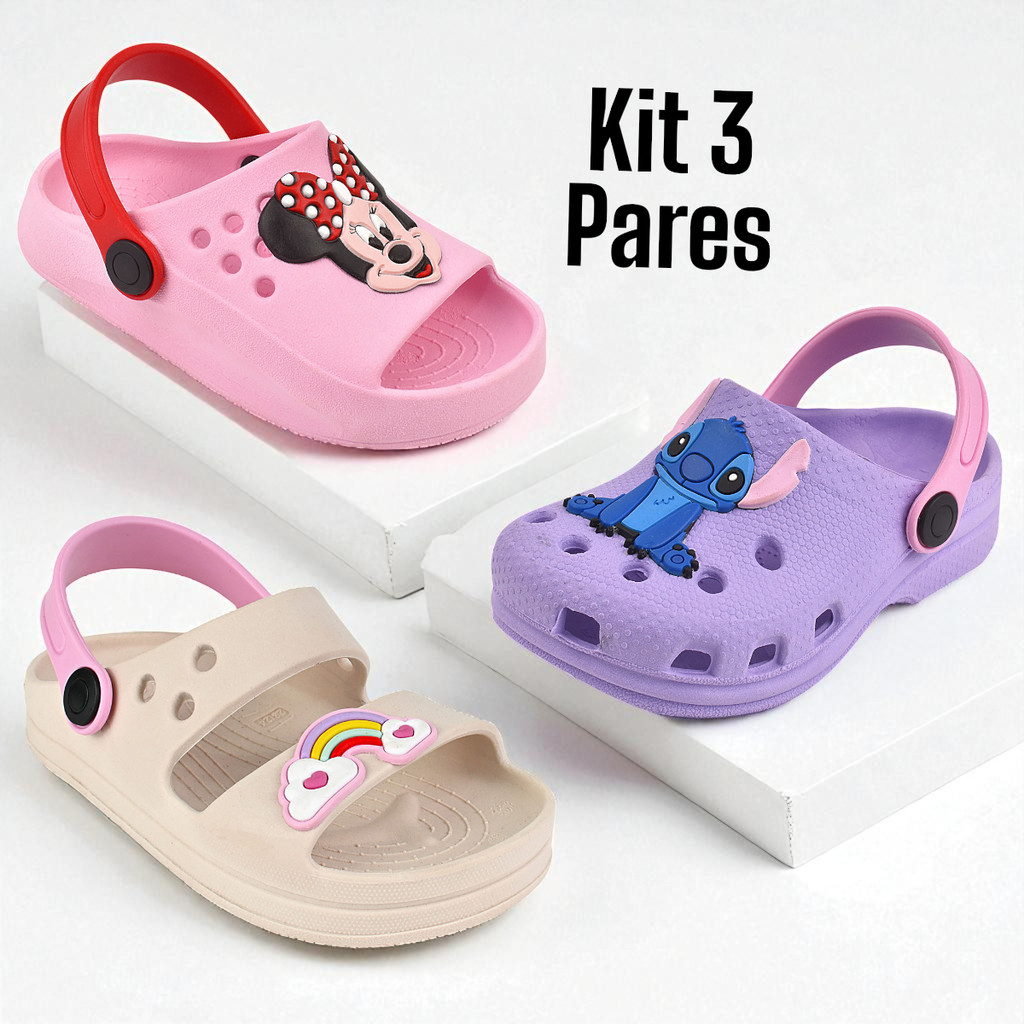 Kit 3 Pares Sandália Infantil Menina Chinelo Confortável e Papete Macia Antiderrapante
