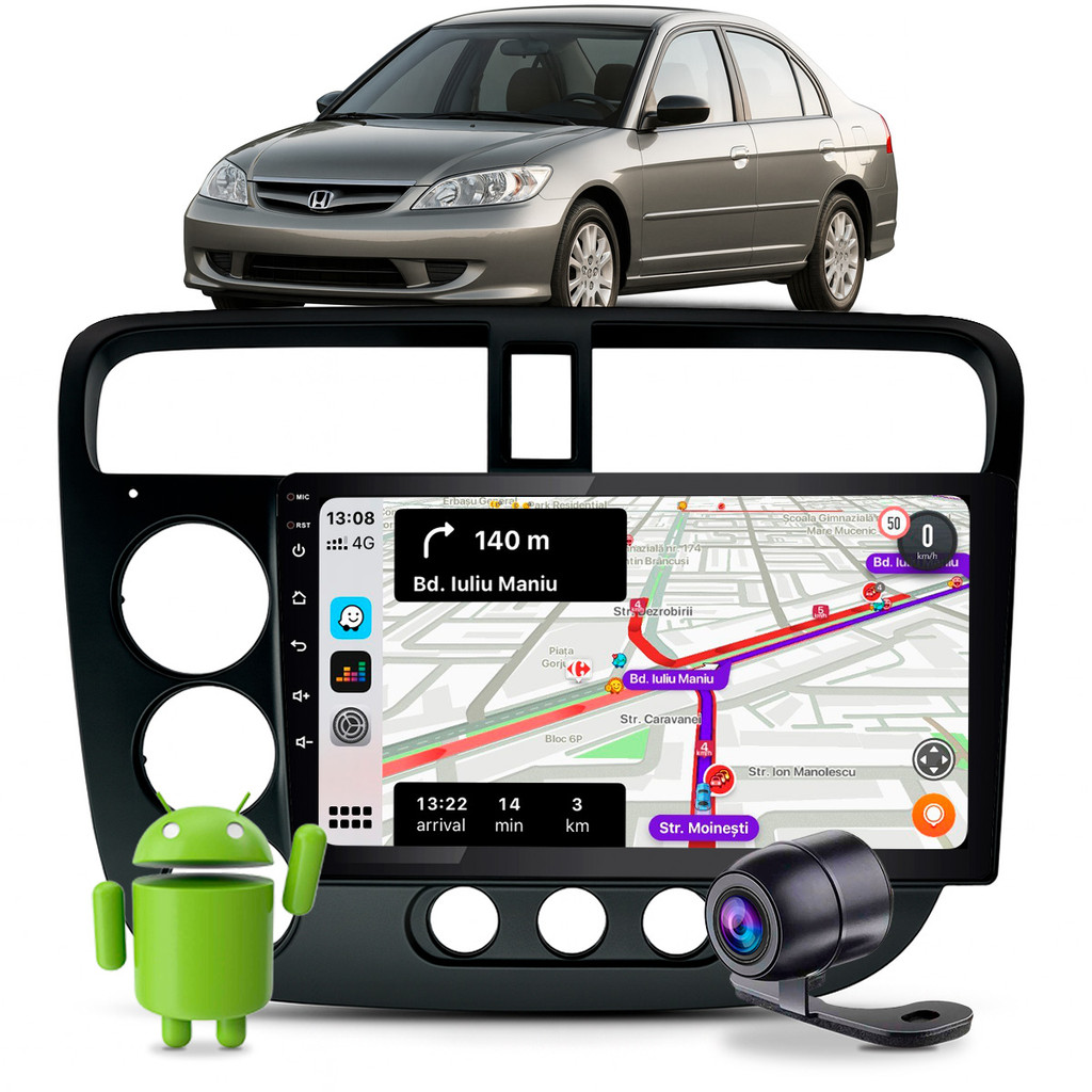 Multimídia Android Quadcore 2Gb 32Gb 9" + Moldura + Câmera Honda Civic 2001 a 2006