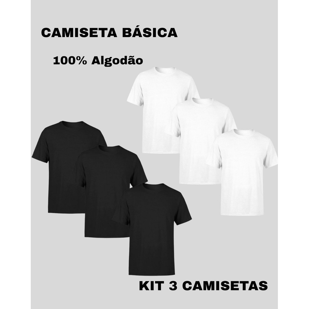 Kit 3 Camisetas Masculina Lisas Algodão 100% Confortável Academia Confortável Camiseta Preta Branca Uniformes
