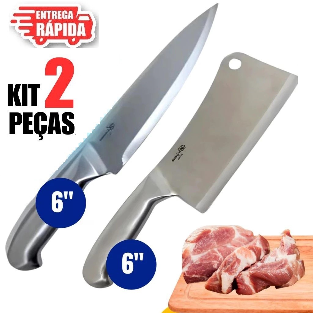 Imagem Kit 2 ou kit 1 Cutelo 6'' e 1 Faca peixeira 6" Inox Maciço Profissional Lâmina Corte de Precisão Churrasco
