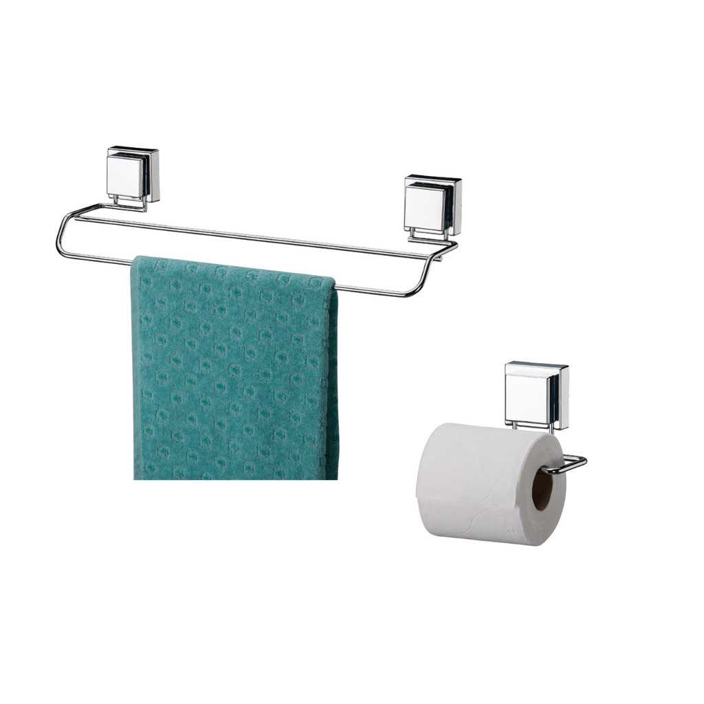 Kit banheiro inox fixaçaõ ventosa sucção 2 peças Future porta toalha banho duplo e papeleira