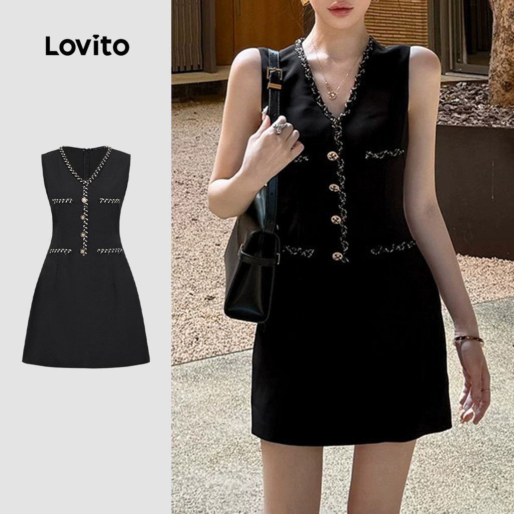 (NEW) Lovito Vestido Elegante com Fita de Contraste Botões Primavera/verão Vestido Preto para mulheres L155ED1871