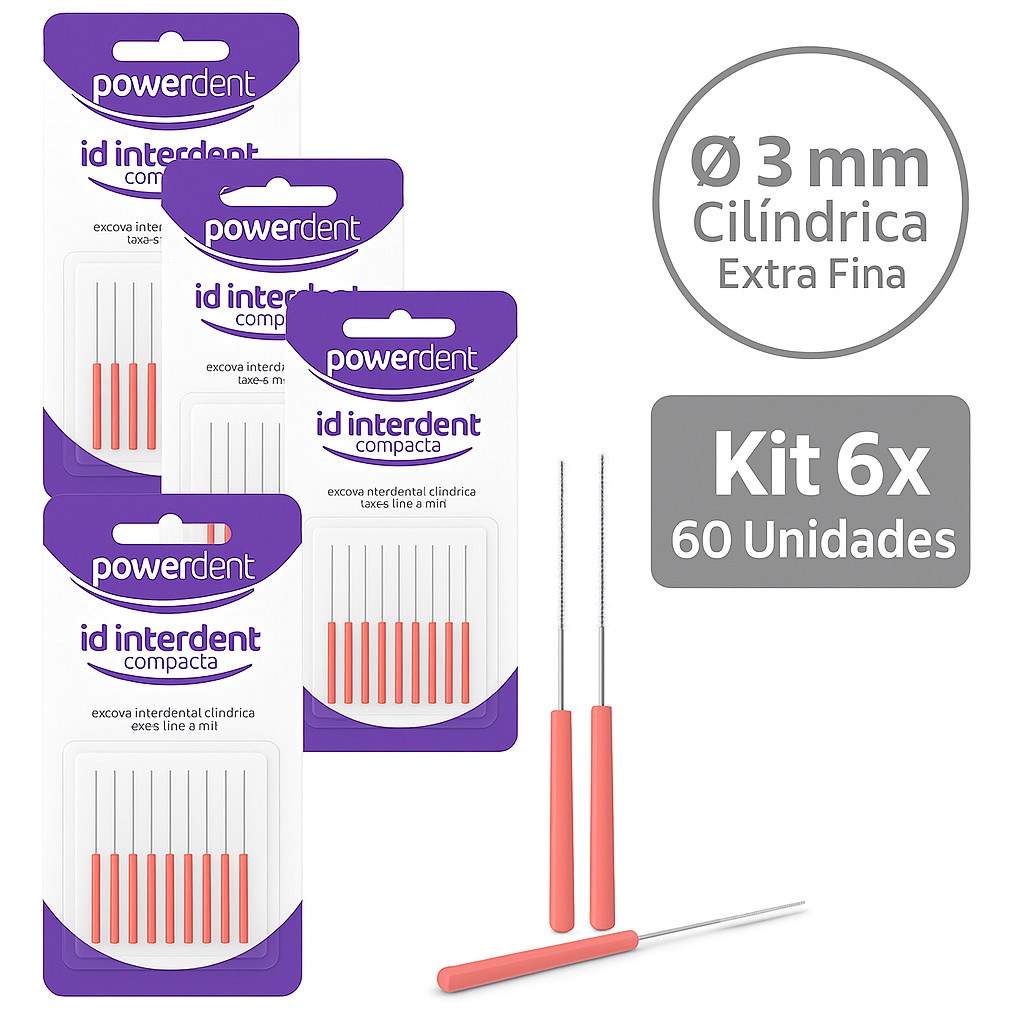 Escova Interdental PowerDent Ø3mm Cilíndrica Kit 60 Unidades Higiene Bucal