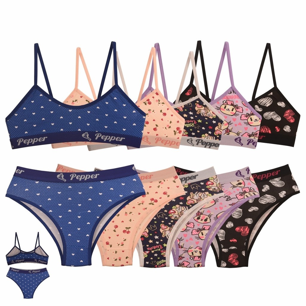 Kit 5 Conjuntos Estampados Juvenil Adolescente cotton Algodão 8% Calcinha e Sutia - PEPPER LINGERIE em Oferta na Shopee