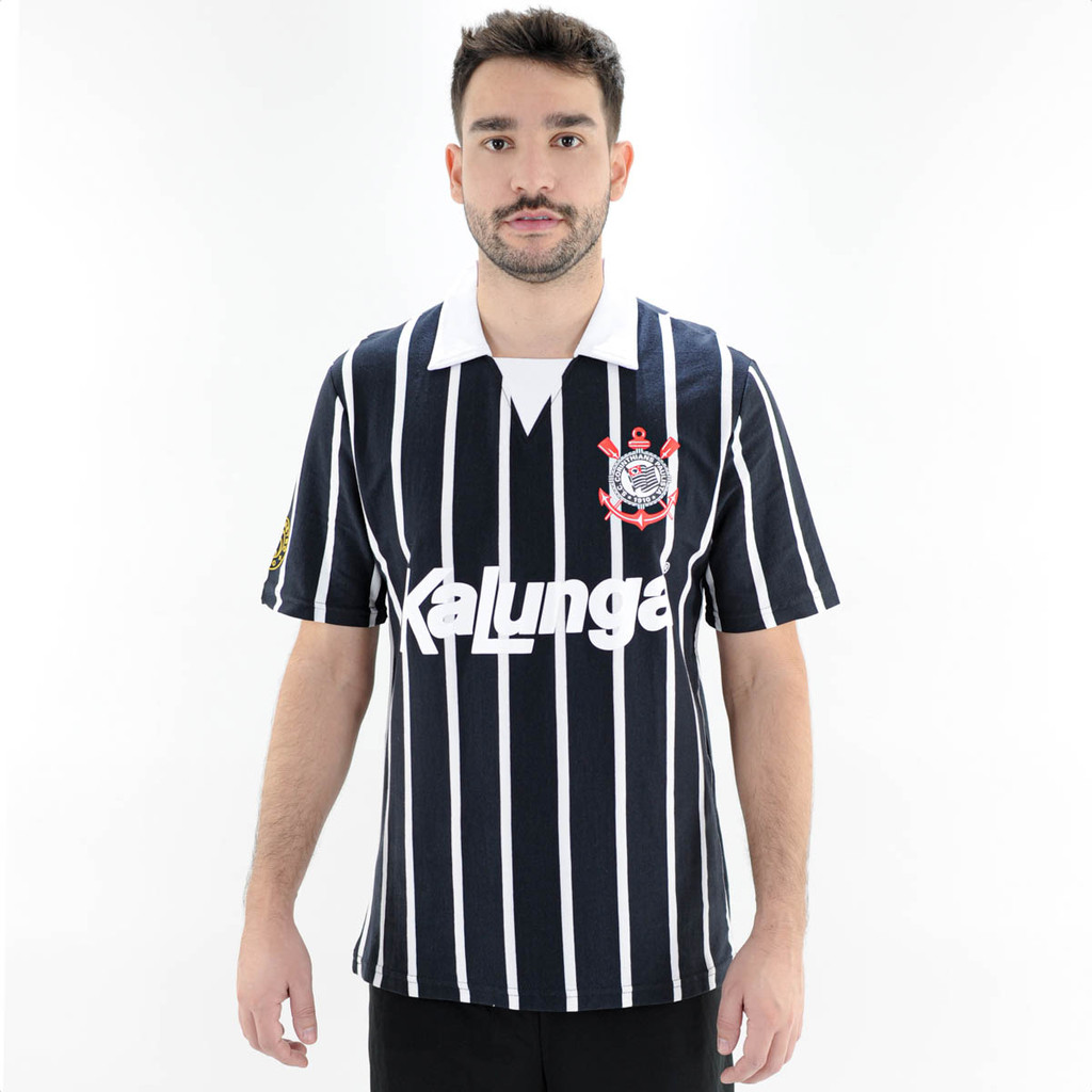 Camiseta de Time Coimbra Corinthians Listrada Preto e Branco - Masculino em Oferta na Shopee