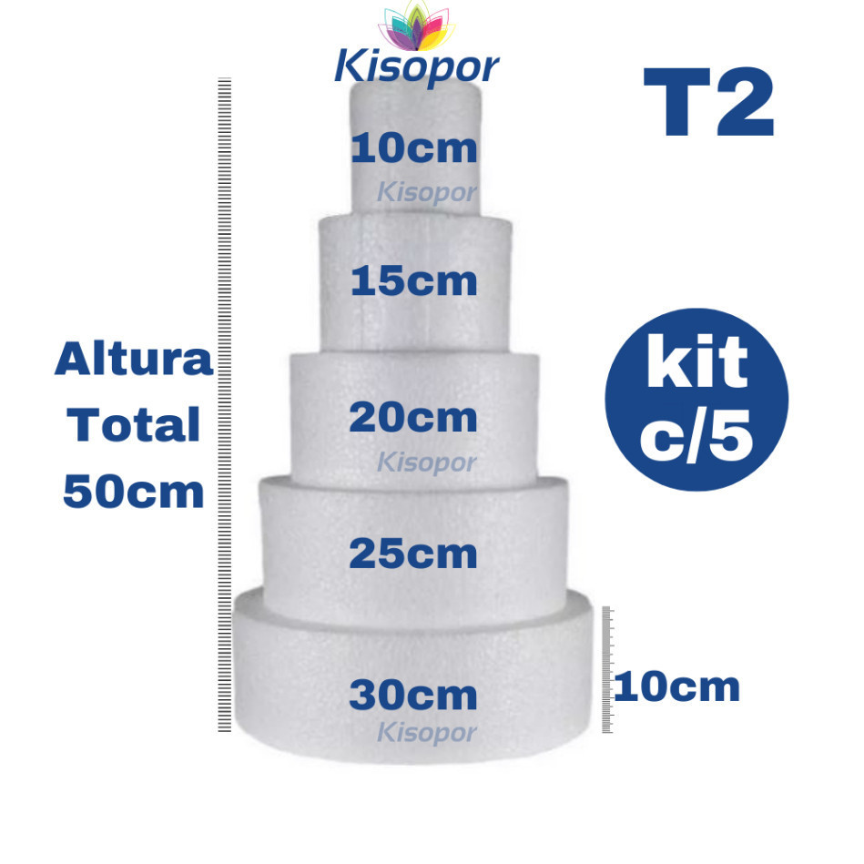 Bolo Fake 5 andares isopor kit com 5 bases 10,15,20,25,30 x 10cm altura isopor maciço redondo