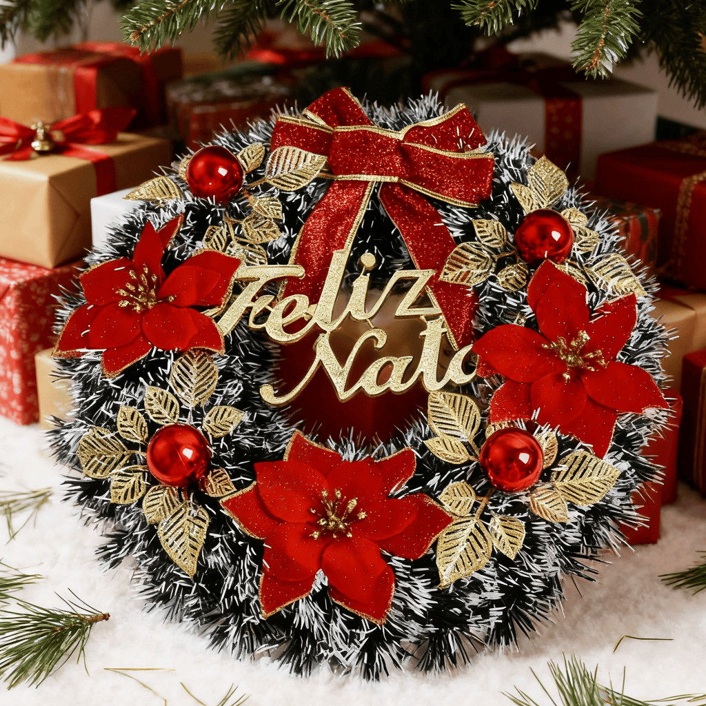 Guirlanda Natalina Festão Porta Natal Verde Nevada Decorada Enfeite Natal Papai Noel Guirlanda Natal