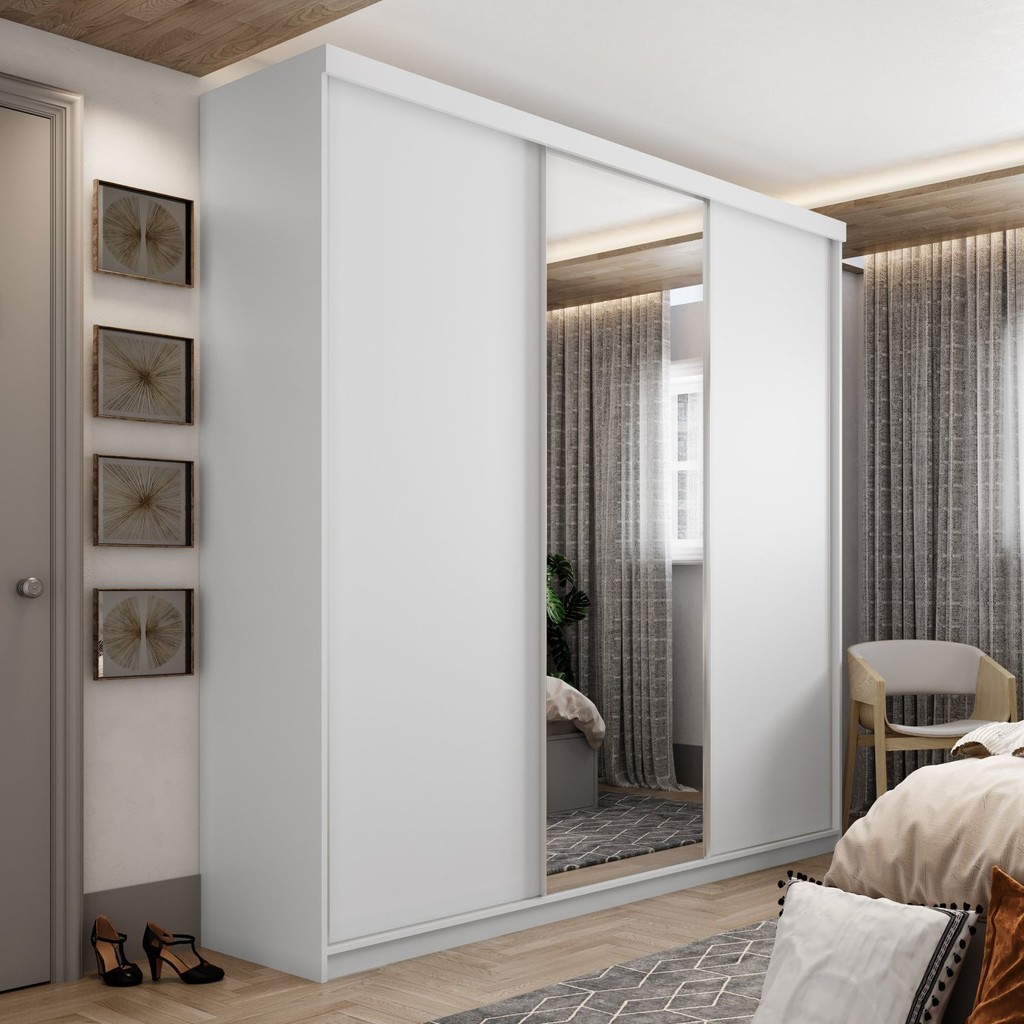 Guarda-roupa Solteiro 100% Mdf Bp com 3 Portas e 1 Espelho Geneve Branco em Oferta na Shopee