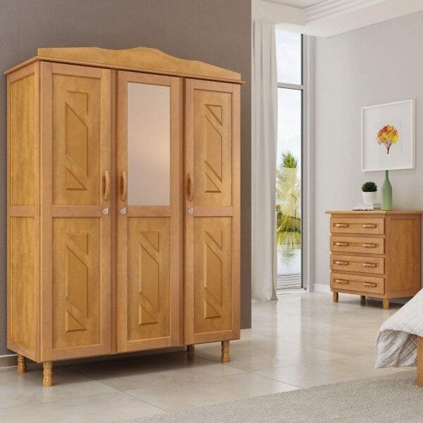 Conjunto Guarda Roupa Casal 3 Portas com Espelho e Cômoda 4 Gavetas em Oferta na Shopee