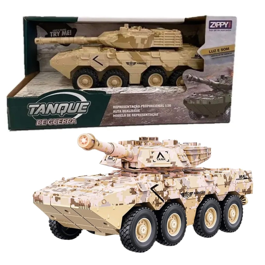 Brinquedo Infantil Carrinho Tanque de Guerra Bege Fricção com Luz e Som 26cm Zippy Toys - 10485