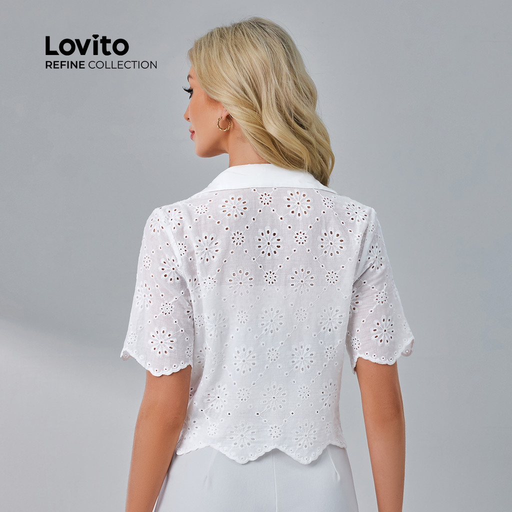 Detalhes do Lovito Refine Blusa Branca Elegante Bordada Ilhós Bolso Falso Botão Primavera Verão LR21L096