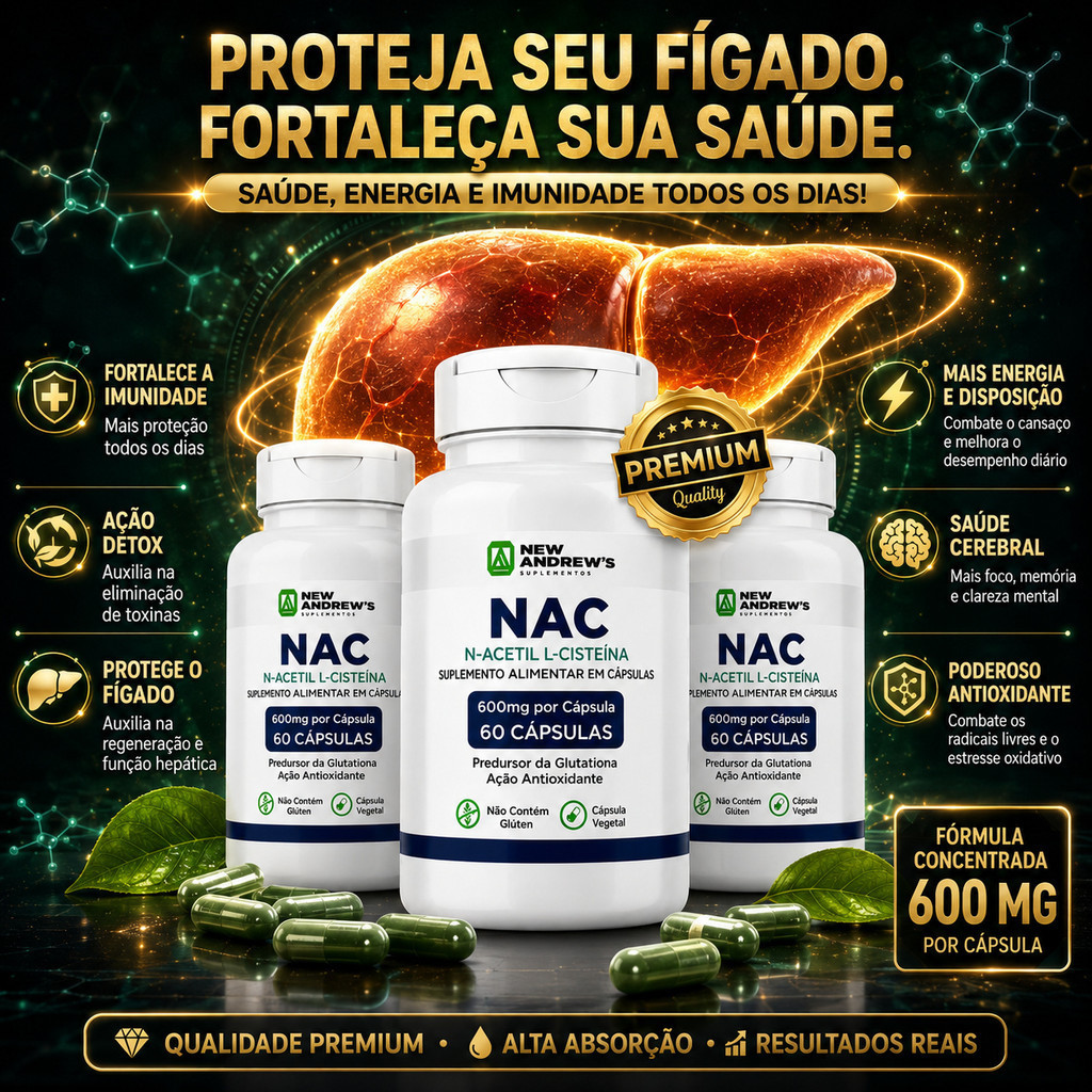 NEW ANDREWS Kit 3 NAC 600mg – N-Acetilcisteína | Precursor da Glutationa | Imunidade & Fígado Saudável 180 Caps