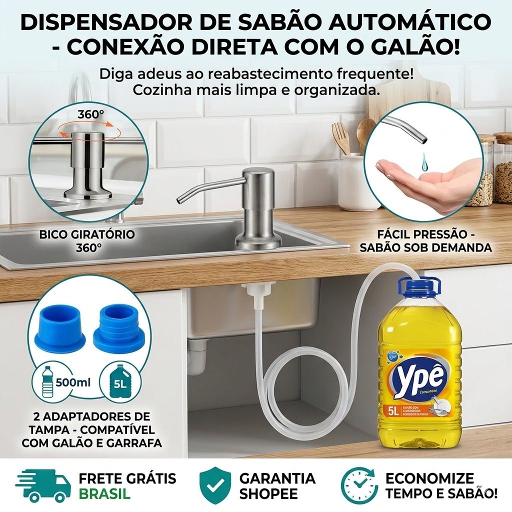 Dosador de Detergente para Pia Embutir Cuba Gourmet Profissional Válvula Anti-Retorno Mangueira Longa Inox