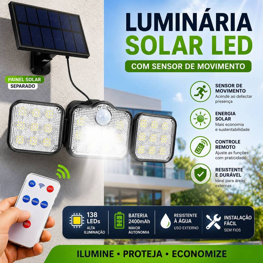 Luminária Solar LED 138 LEDs com Sensor de Movimento Controle Remoto Painel Solar Externo Jardim