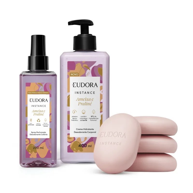 Kit Instance Ameixa e Praliné: Sabonete em Barra Perfumado 4x80g + Creme Corporal 400ml + Spray Perfumado 200ml