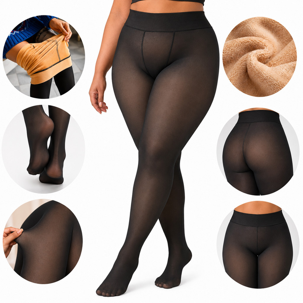 Meia-Calça Plus Size G/GG Térmica Feminina Forrada Peluciada Translúcida de Lã Slim