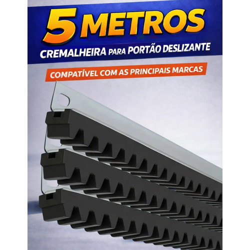 Kit 5m Cremalheira Portão Eletrônico Motor Universal Garen Rossi AGL Peccinin PPA Barra Dentada Trilho Correr Deslizante