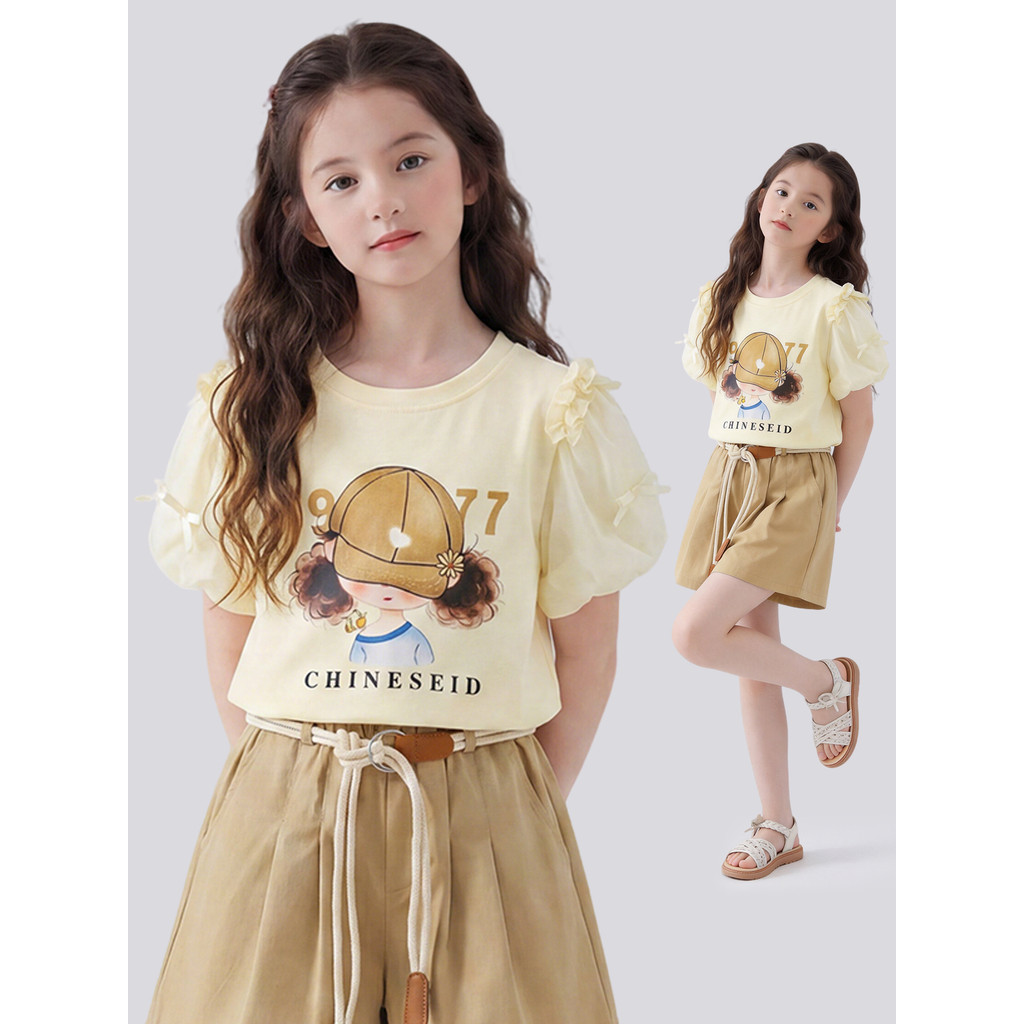 Meninas camiseta verão 2026 novo estilo crianças estilo ocidental dos desenhos animados impresso topos grandes meninas v