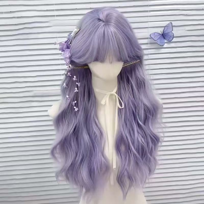 Peruca roxa para mulheres, cabelo longo, estilo Barbie, com franja, cabelo longo ondulado, cachos em forma de ondas d'ág