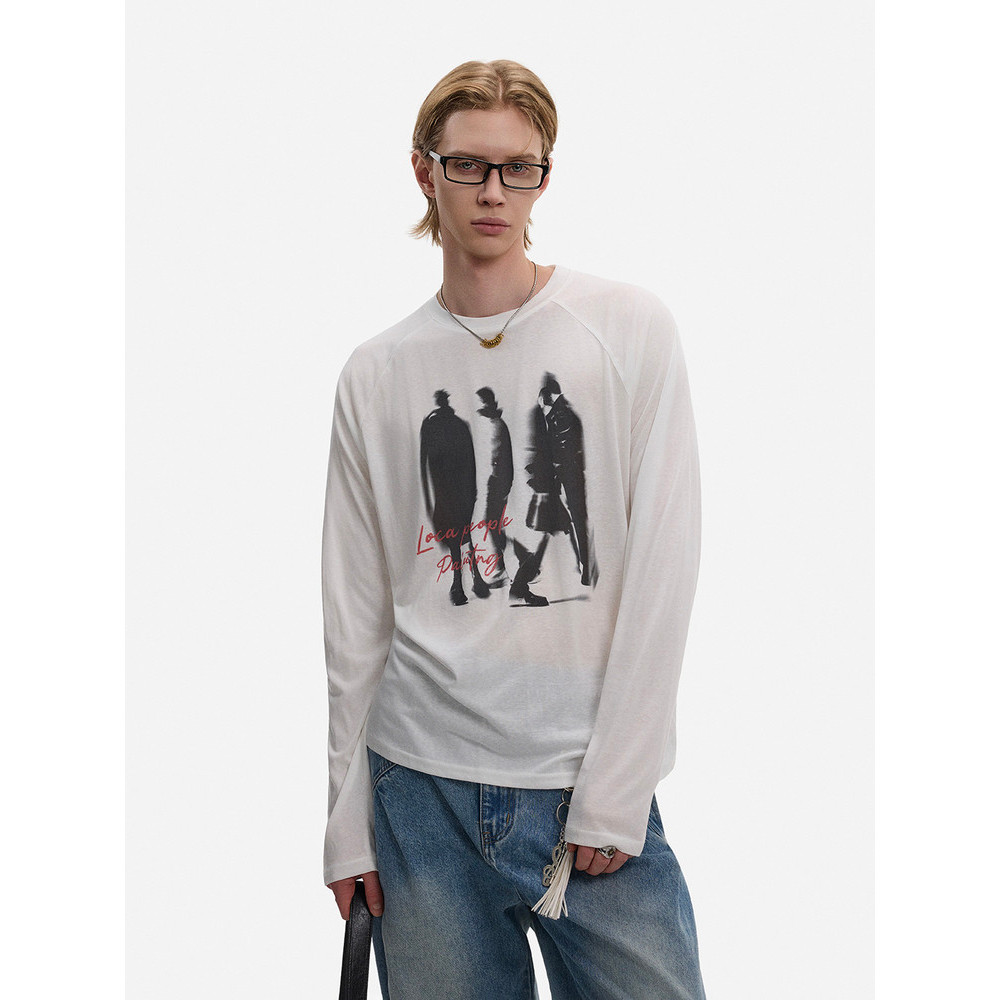 BLAEXIT Retro vintage silhueta impressão primavera outono manga comprida camiseta masculina estilo feminino interior sol