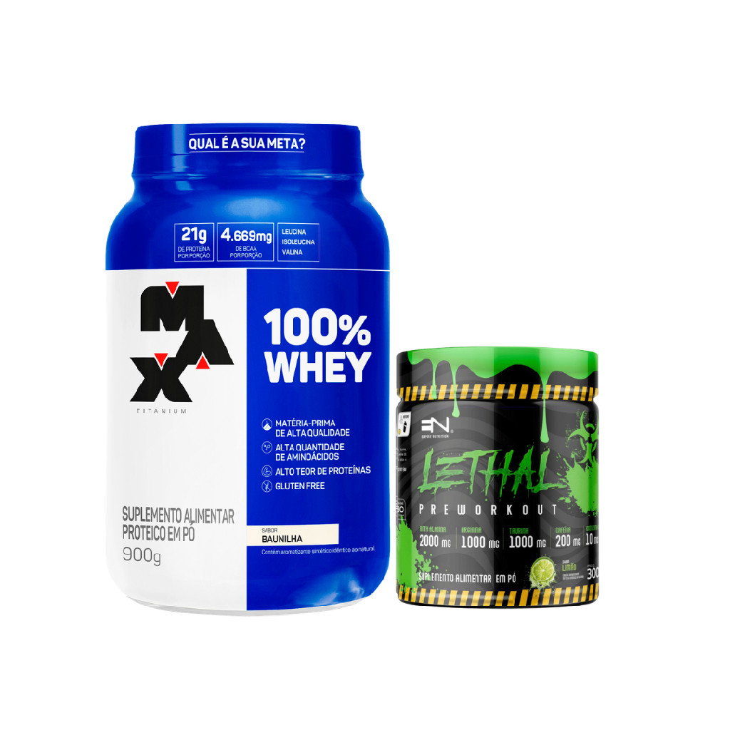 Kit 100% Whey Protein Max Titanium Pote 900g Baunilha + Pré Treino Lethal 300g Limão
