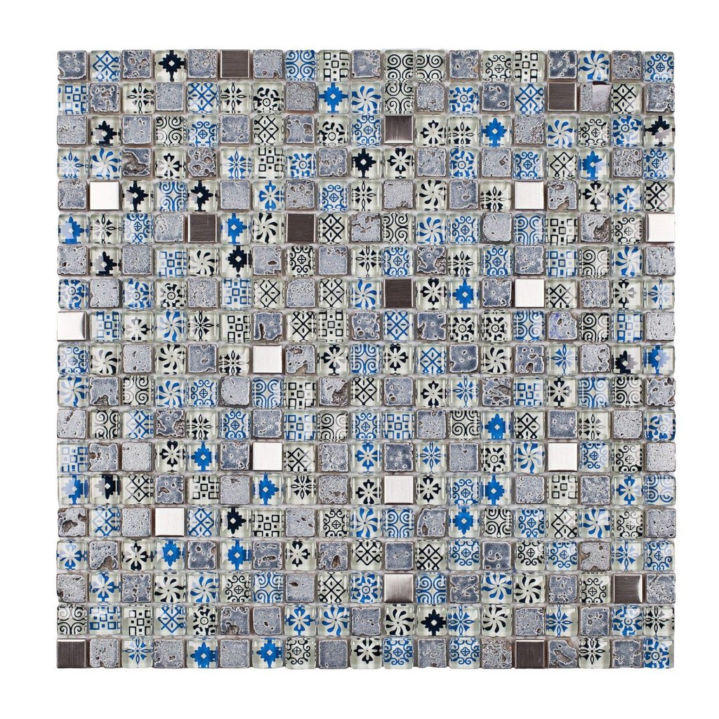 Pastilha de Vidro Mesclada de 31cm X 31cm Rende  Glass Mosaic Azul/Metal