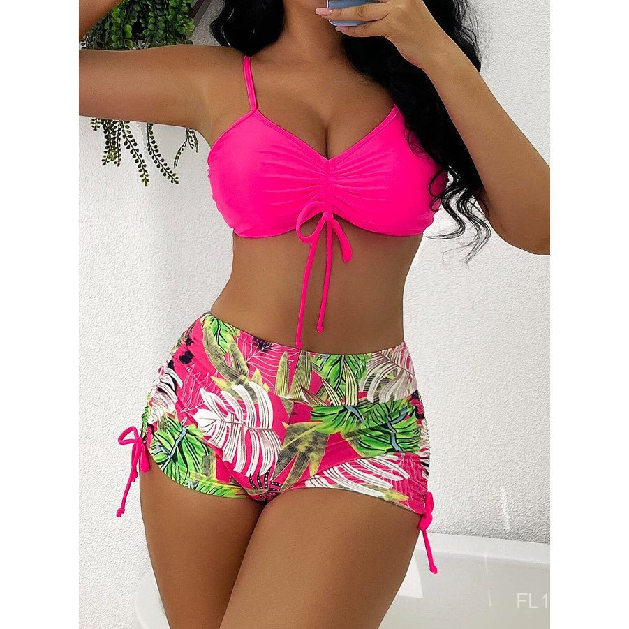 Conjunto de praia rosa neon com shorts de estampa tropical, top de biquíni com amarração, moda praia feminina para o 1T4