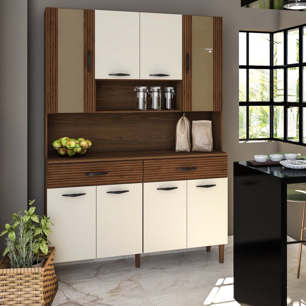 Armário de Cozinha 8 Portas 2 Gavetas Golden Branco/Nogueira/Off White Nogueira/Off White/CP- Ripado