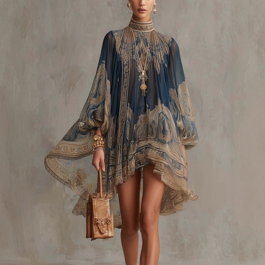 2026 novo estilo europeu americano estilo gola alta impresso Chiffon vestido solto estilo férias xale manga longa saia f