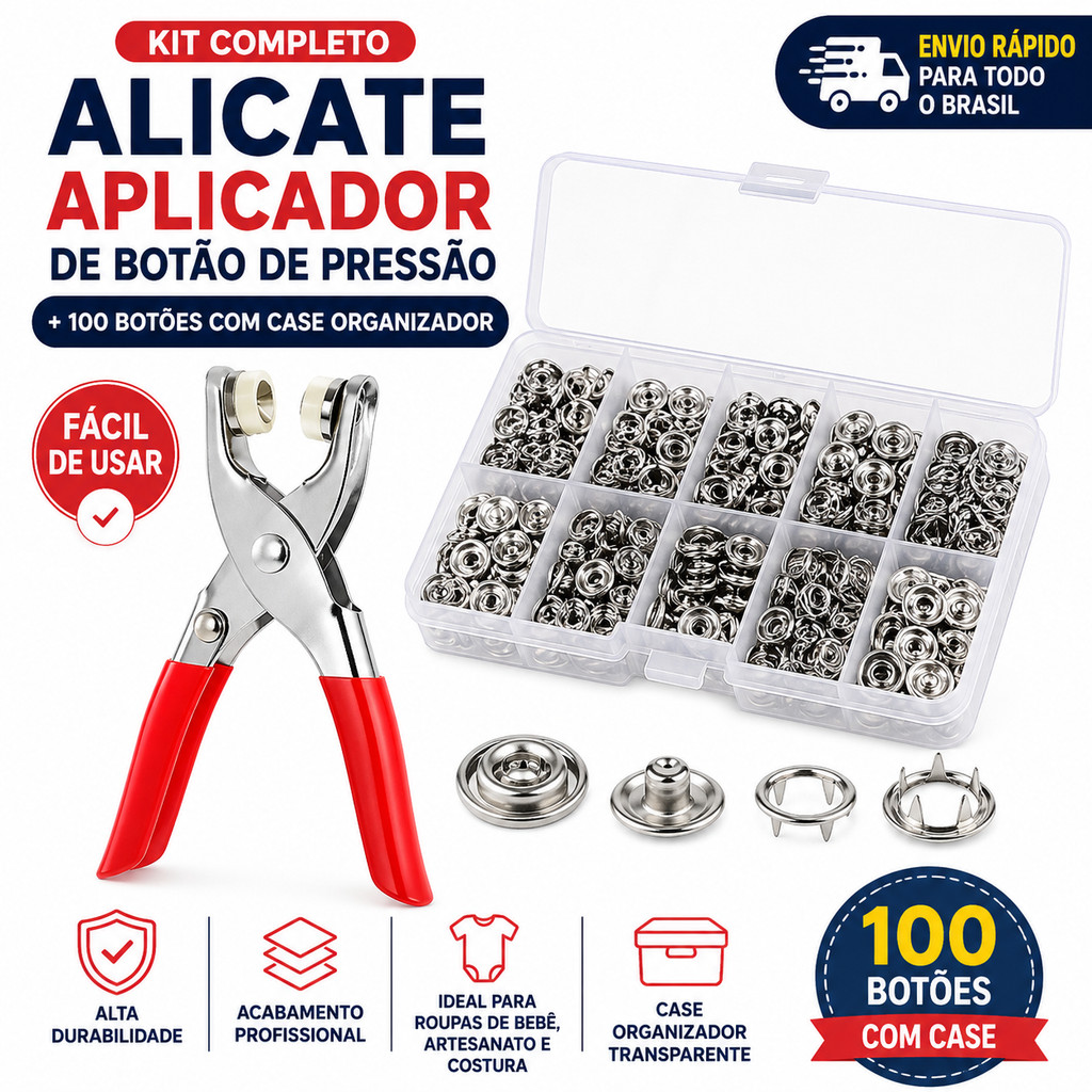 Kit Alicate Aplicador de Botão de Pressão Metal + 100 Botões Com Case Organizador Costura Artesanato Roupas Bebê