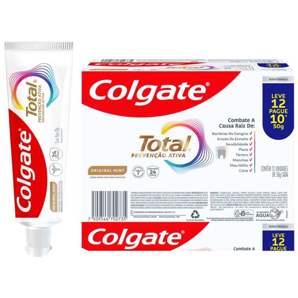 Pack Creme Dental Colgate Total Prevenção Ativa Original Mint Com 50g Leve 12 Pague 10
