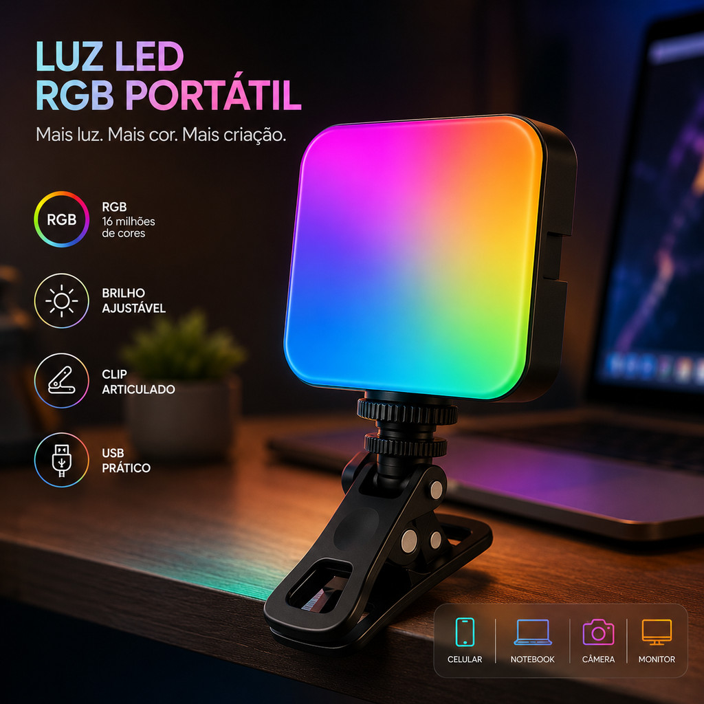 Mini Iluminador Led Rgb Portátil Com Clipe Para Celular Notebook Ring Light Luz Para Maquiagem Gravar Vídeo Reunião