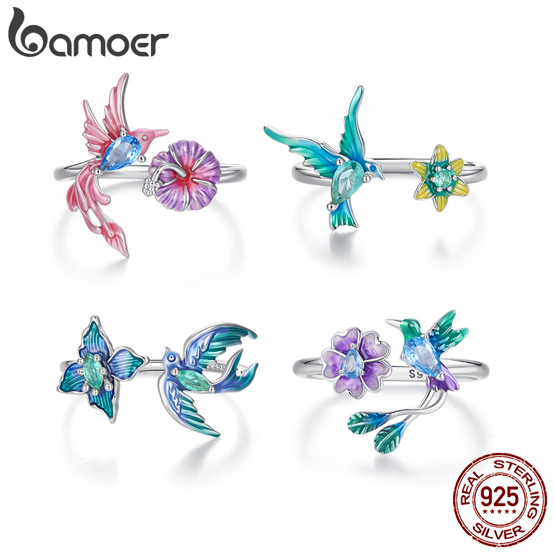 Bamoer 925 Prata Esterlina Anel Aberto Tamanho Ajustável Colorido Pássaro E Flor Moda Jóias Para Presente Feminino
