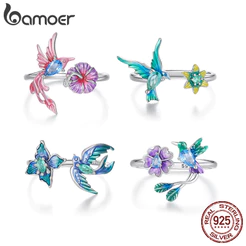 Bamoer 925 Prata Esterlina Anel Aberto Tamanho Ajustável Colorido Pássaro E Flor Moda Jóias Para Presente Feminino