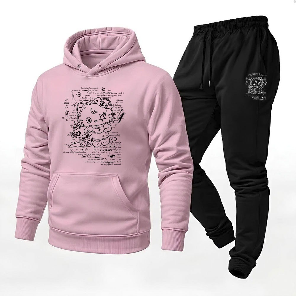 Conjunto Blusa Moleton Canguru + Calça Moda Inverno Exclusiva Hello Kitty Texto Lançamento