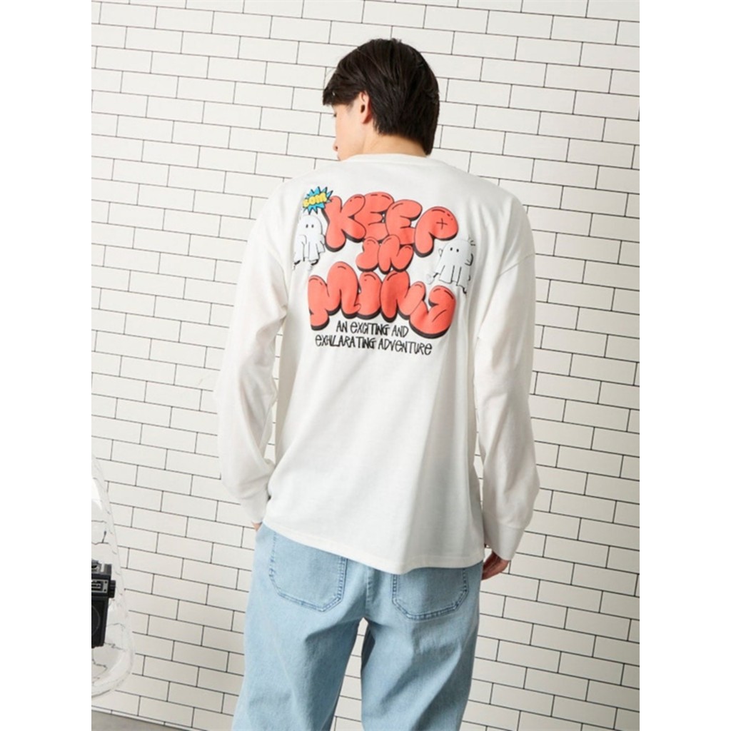 Produzido por Xiaowu Japonês Double focus Primavera Outono Camiseta de manga comprida masculina estampada bordada solta 