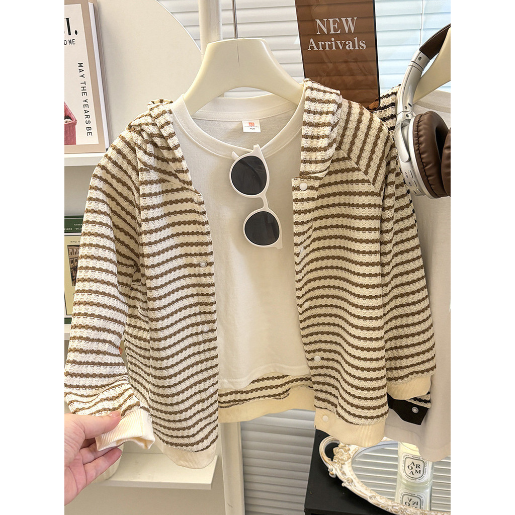 Crianças estilo fino de malha Cardigan primavera outono listrado com capuz camisola jaqueta bebê manga comprida roupas e