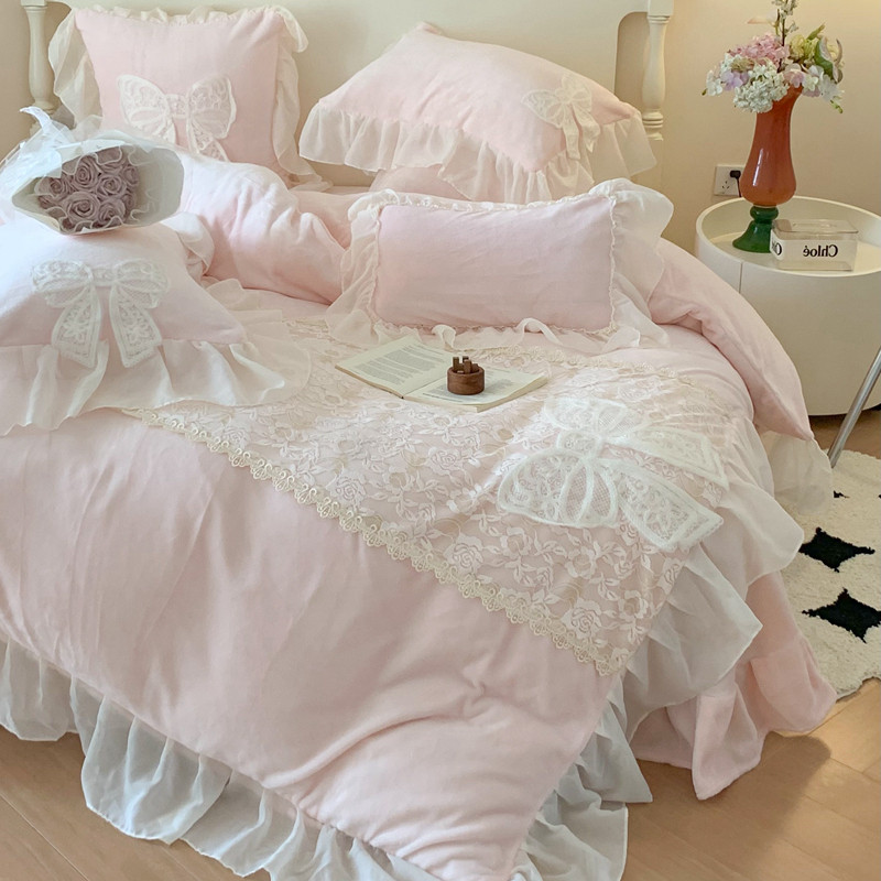 Versão coreana estilo princesa leite veludo conjunto de quatro peças inverno flanela Coral veludo renda colcha capa engr
