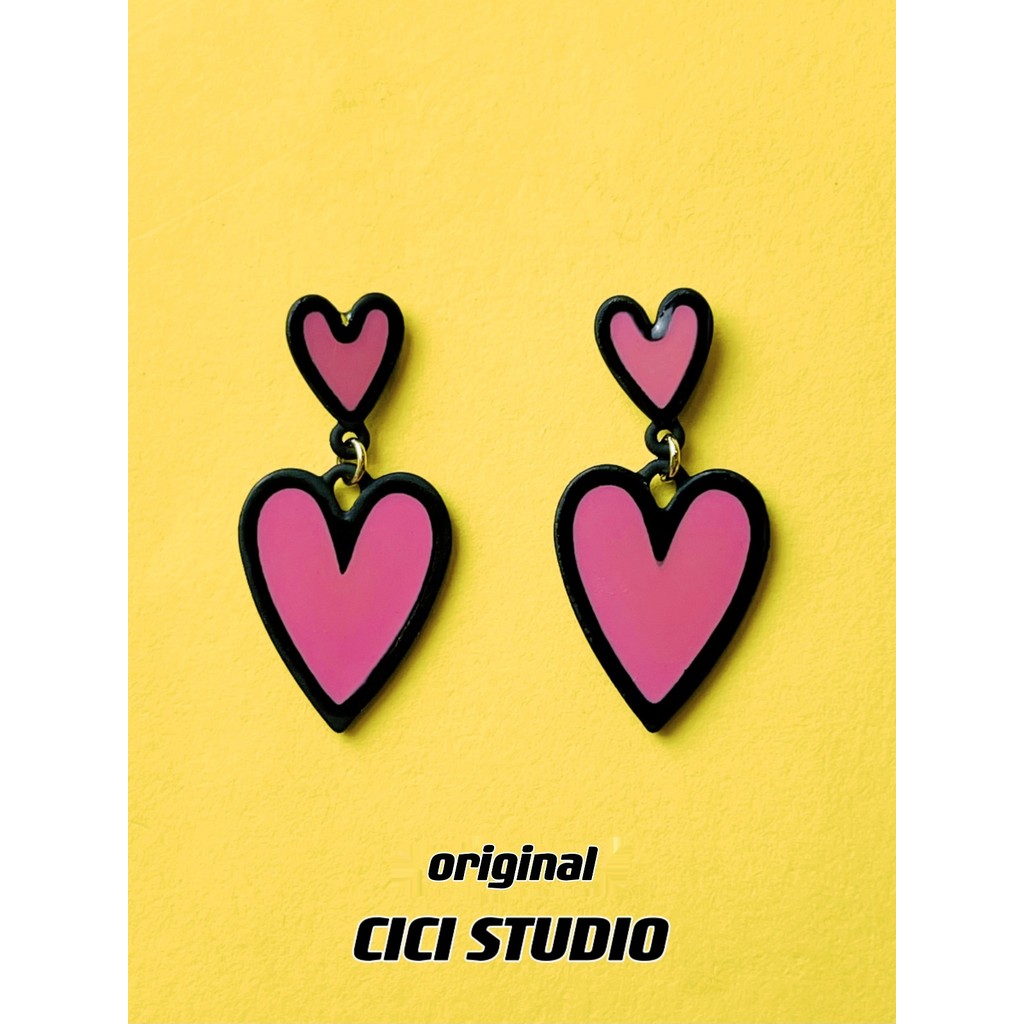 CICI nicho arte na moda doce legal estilo cômico rosa preto contraste cor amor coração Morandi S925 brincos de agulha de