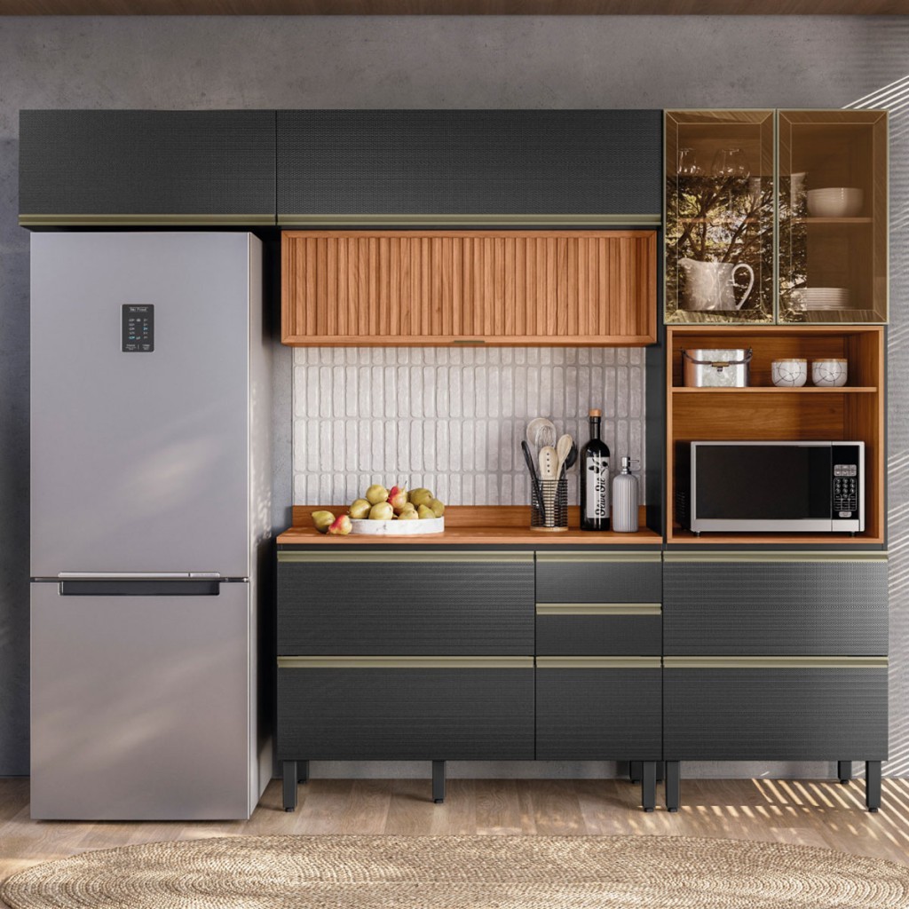 Cozinha Completa Proença 6 Portas 6 Gavetas Ripado com Vidro - Demobile em Oferta na Shopee