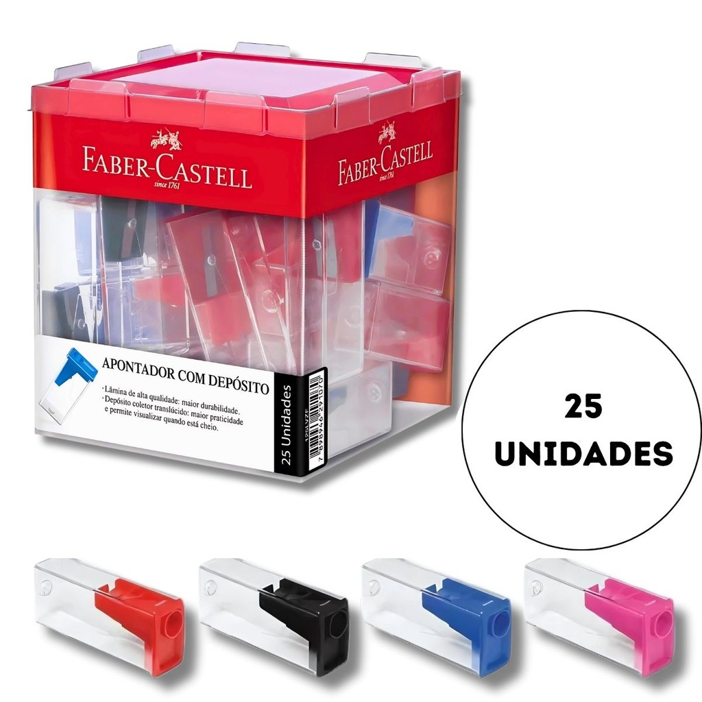 DISPLAY COM 25 APONTADOR DEPOSITO TRANSPARENTE TRADICIONAL FABER CASTELL- ROSA AZUL PRETO E VERMELHO