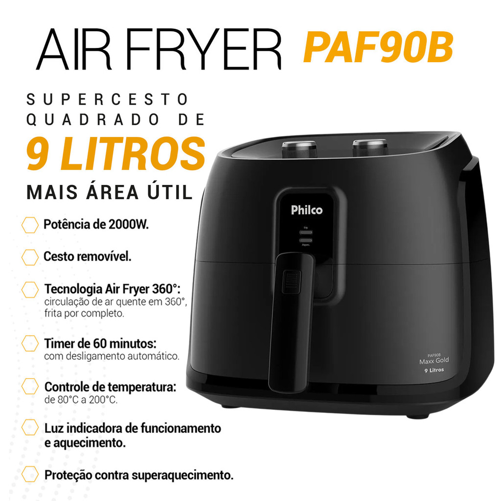 Fritadeira Elétrica Sem Óleo Air Fryer 9 Litros 2000W Cesto Quadrado Gold PAF90B Philco — imagem 2 de 2