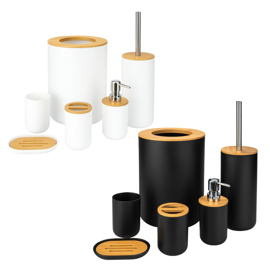 Kit Banheiro Conjunto 6 Peças Completo Lixeira Tampa  Bambu Lavabo Escova Sanitária Saboneteira