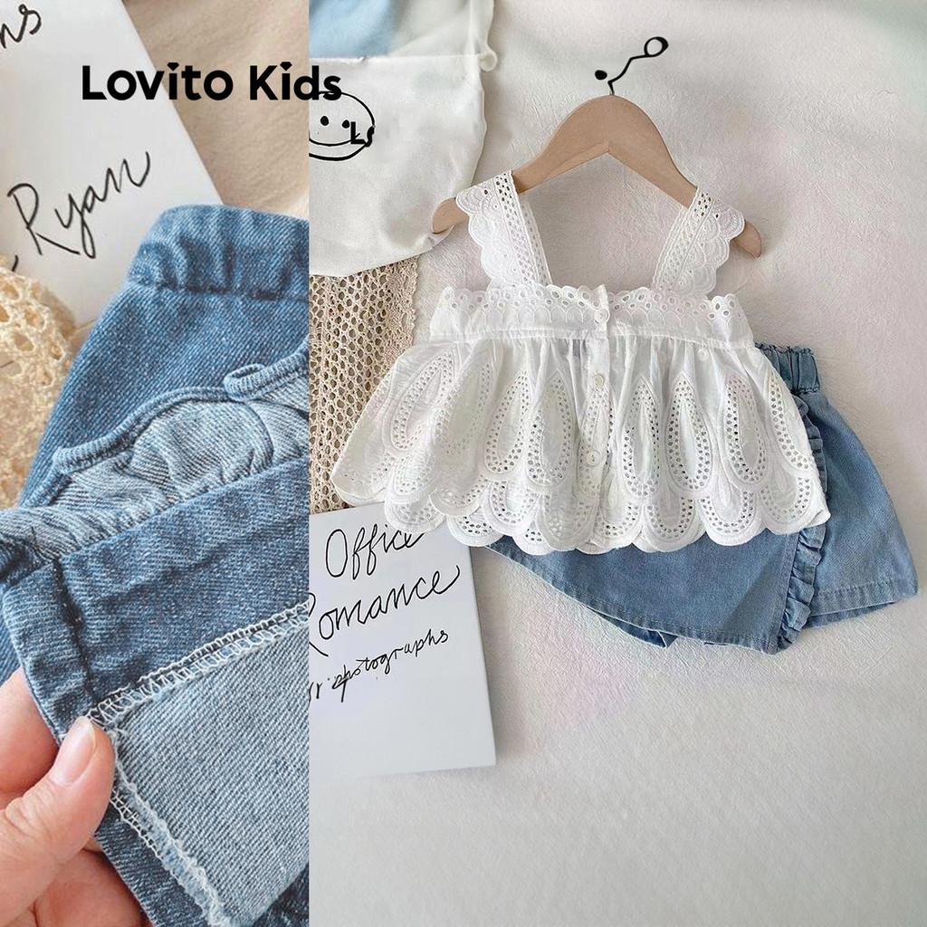 (New) Lovito Kids Conjuntos de Shorts Fofos com Bordado de Ilhós e Bloco de Cores para primavera/verão LNL115047 em Oferta na Shopee