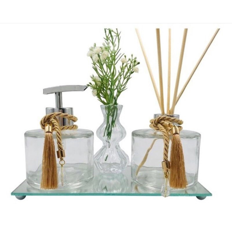 Kit Lavabo / Banheiro Luxo Picolo Cristal/Transparente com Bandeja Espelhada e Vaso de Vidro
